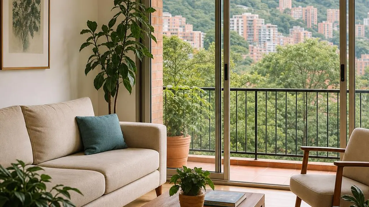 Sala de apartamento luminosa con sofá claro, plantas y balcón con vista a edificios y montañas
